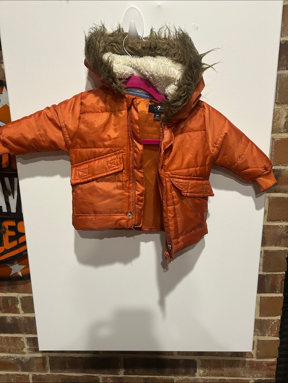 Children's Orange Puffer Jacket with Faux Fur-Trim Hood